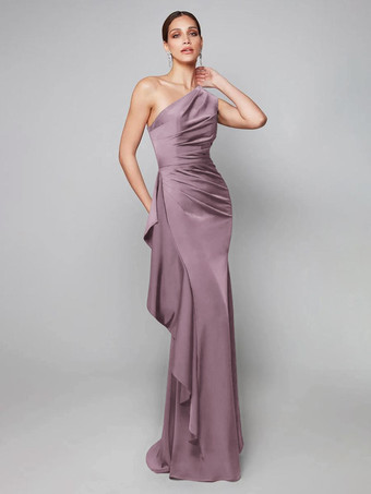 ダークピンクマザードレス ワンショルダー プリーツ スイープ 非対称 マーメイド ゲストドレス 結婚式用