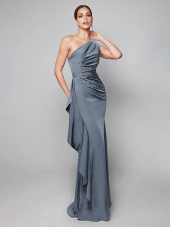 嵐のマザードレス ワンショルダー プリーツ スイープ 非対称 マーメイド ゲストドレス 結婚式用