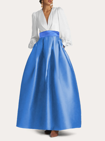 オーシャンブルーイブニングドレス Aライン Vネック フロアレングス 長袖 ジッパー プリーツ サテン生地 フォーマルパーティードレス