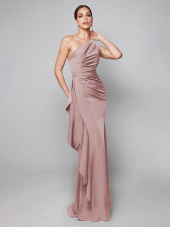 カメオピンクマザードレス ワンショルダー プリーツ スイープ 非対称 マーメイド ゲストドレス 結婚式用