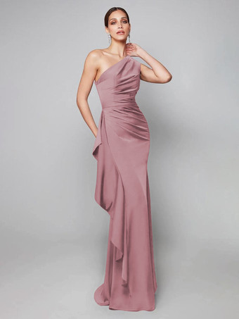 サーモンピンクマザードレス ワンショルダー プリーツ スイープ 非対称 マーメイド ゲストドレス 結婚式用
