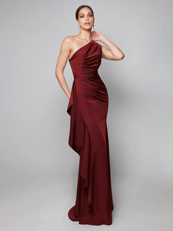 バーガンディーマザードレス ワンショルダー プリーツ スイープ 非対称 マーメイド ゲストドレス 結婚式用