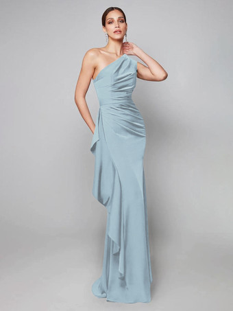 ティールマザードレス ワンショルダー プリーツ スイープ 非対称 マーメイド ゲストドレス 結婚式用