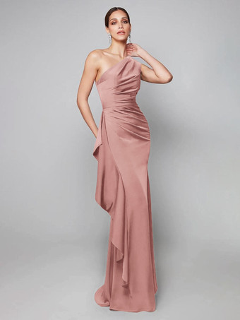 コーラルレッドマザードレス ワンショルダー プリーツ スイープ 非対称 マーメイド ゲストドレス 結婚式用