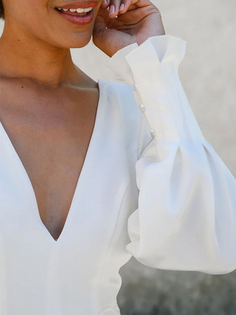 シンプルなウェディングドレス サテン生地 Vネック ノースリーブ ボタン Aライン ブライダルドレス