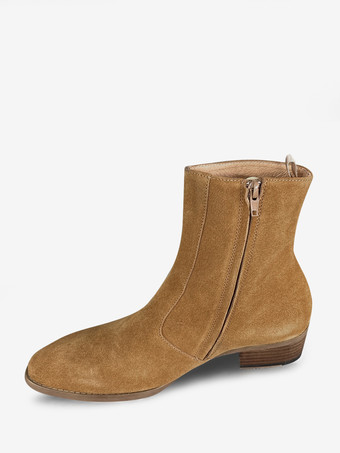 メンズブーツ チェルシーブーツ オレンジレザー スクエアトゥ アンクルショートブーツ