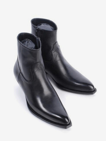 メンズ ブラック アンクルブーツ ポインテッドトゥ チャンキーヒール ブーティ