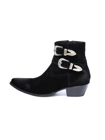 ブラック ブラックアンクルブーツ メンズ ラウンドトゥ バックルデザイン チャンキーヒール カウボーイブーツ