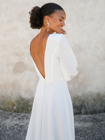 シンプルなウェディングドレス サテン生地 Vネック ノースリーブ ボタン Aライン ブライダルドレス