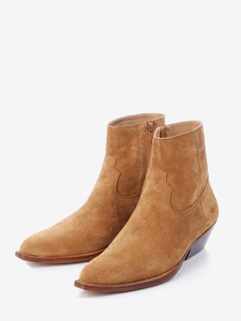 オレンジ メンズ ブラック アンクルブーツ ポインテッドトゥ チャンキーヒール ブーティ