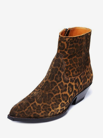 ヒョウ柄メンズ ブラック アンクルブーツ ポインテッドトゥ チャンキーヒール ブーティ