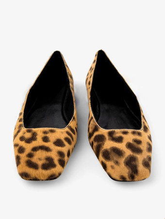 ヒョウ柄バレエフラット ホースヘア スクエアトゥ スリッポン バレリーナフラット