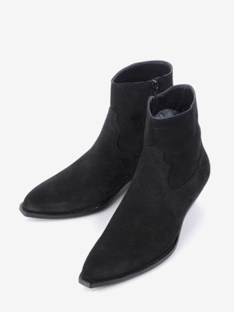 ブラック メンズ ブラック アンクルブーツ ポインテッドトゥ チャンキーヒール ブーティ