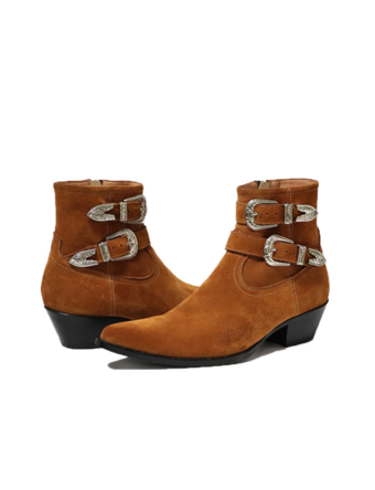 オレンジブラックアンクルブーツ メンズ ラウンドトゥ バックルデザイン チャンキーヒール カウボーイブーツ