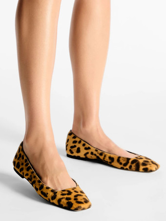ヒョウ柄バレエフラット ホースヘア スクエアトゥ スリッポン バレリーナフラット