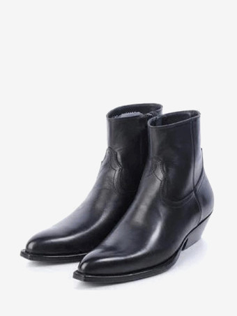 PUブラックメンズ ブラック アンクルブーツ ポインテッドトゥ チャンキーヒール ブーティ