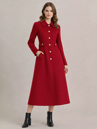 レッド ヴィンテージウールカシミア混紡コート（ゴールドボタン付き、レディース向け）2026年モデル