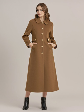 ブラウン ヴィンテージウールカシミア混紡コート（ゴールドボタン付き、レディース向け）2026年モデル