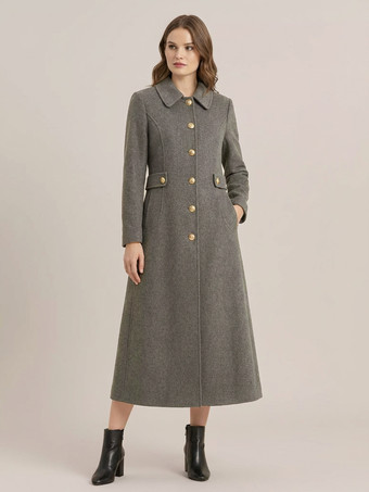 グレイヴィンテージウールカシミア混紡コート（ゴールドボタン付き、レディース向け）2026年モデル