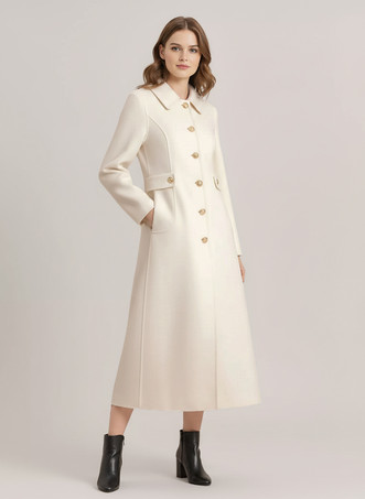 ホワイト ヴィンテージウールカシミア混紡コート（ゴールドボタン付き、レディース向け）2026年モデル