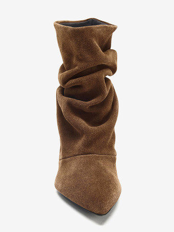 スエードアンクルブーツ ポインテッドトゥ キトンヒール スラウチブーティ