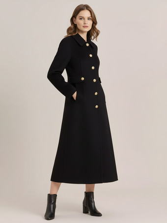 ブラック ヴィンテージウールカシミア混紡コート（ゴールドボタン付き、レディース向け）2026年モデル