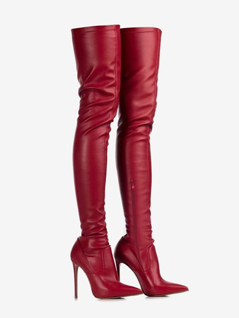 レッド 女性用サイハイブーツ、つま先が尖ったハイヒール、セクシーなオーバーニーブーツ