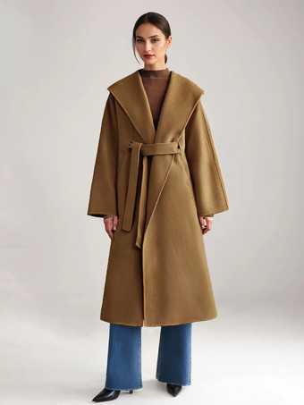 ブラウン ウール カシミア ブレンド コート ホワイト ワイドラペル ダブルフェイス ベルト付き 冬アウター レディース 2026