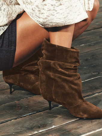 スエードアンクルブーツ ポインテッドトゥ キトンヒール スラウチブーティ