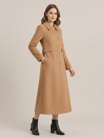 ラクダ色 ヴィンテージウールカシミア混紡コート（ゴールドボタン付き、レディース向け）2026年モデル