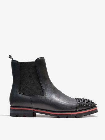 メンズ ブラック 牛革 スクエアトゥ ハンドメイド スパイク パンクスタイル ラグソール チェルシー アンクルブーツ