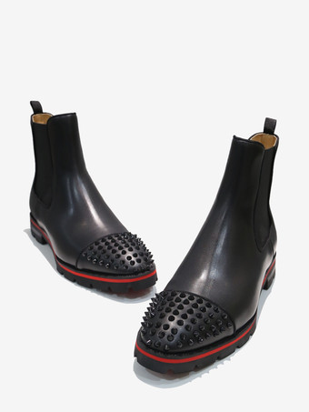 メンズ ブラック 牛革 スクエアトゥ ハンドメイド スパイク パンクスタイル ラグソール チェルシー アンクルブーツ