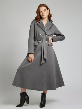 グレイウールカシミア混紡ヴィンテージAラインコート（クラシックラペル＆ベルト付き、レディース2026年モデル）