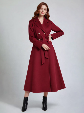 ワインレッド ウールカシミア混紡ヴィンテージAラインコート（クラシックラペル＆ベルト付き、レディース2026年モデル）
