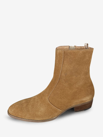 メンズブーツ チェルシーブーツ オレンジレザー スクエアトゥ アンクルショートブーツ