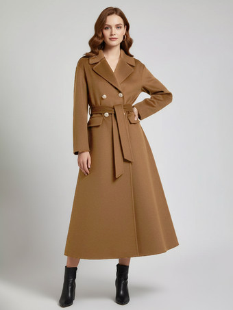 ブラウン ウールカシミア混紡ヴィンテージAラインコート（クラシックラペル＆ベルト付き、レディース2026年モデル）