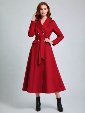 レッド ウールカシミア混紡ヴィンテージAラインコート（クラシックラペル＆ベルト付き、レディース2026年モデル）