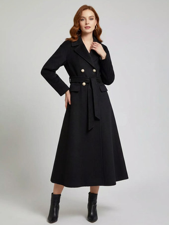 ブラック ウールカシミア混紡ヴィンテージAラインコート（クラシックラペル＆ベルト付き、レディース2026年モデル）