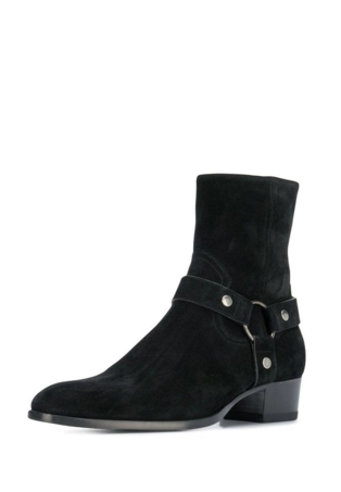 ブラック メンズ スエード アンクルブーツ ラウンドトゥ バックルディテール チャンキーヒール カジュアルブーツ