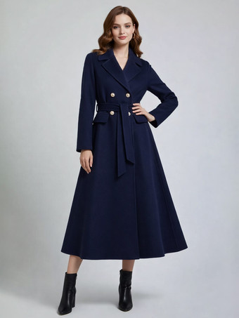 ダークネイビーウールカシミア混紡ヴィンテージAラインコート（クラシックラペル＆ベルト付き、レディース2026年モデル）