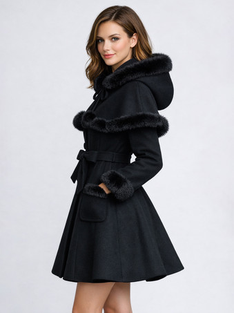 フェイクファートリム、ベルト付きウール混紡コート（フード付きケープ付き、レディース）2025年モデル