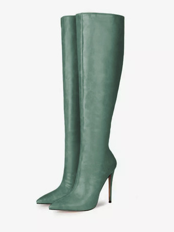 ピューターレディース ニーハイブーツ ネイビーブルー ポインテッドトゥ PUレザー スティレットヒールブーツ