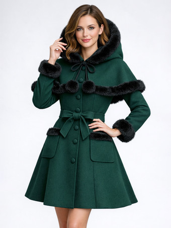 グリーン フェイクファートリム、ベルト付きウール混紡コート（フード付きケープ付き、レディース）2025年モデル
