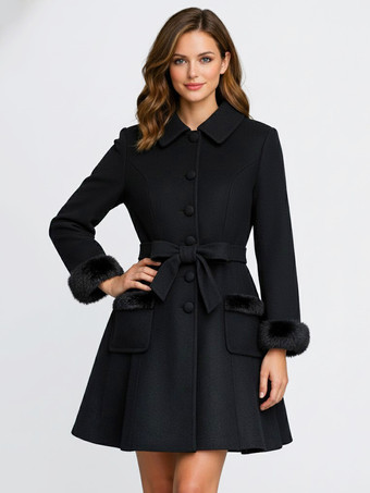 フェイクファートリム、ベルト付きウール混紡コート（フード付きケープ付き、レディース）2025年モデル