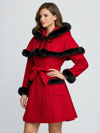 レッド フェイクファートリム、ベルト付きウール混紡コート（フード付きケープ付き、レディース）2025年モデル