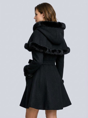 フェイクファートリム、ベルト付きウール混紡コート（フード付きケープ付き、レディース）2025年モデル