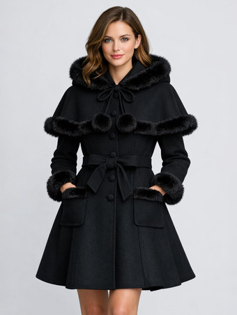 ブラック フェイクファートリム、ベルト付きウール混紡コート（フード付きケープ付き、レディース）2025年モデル