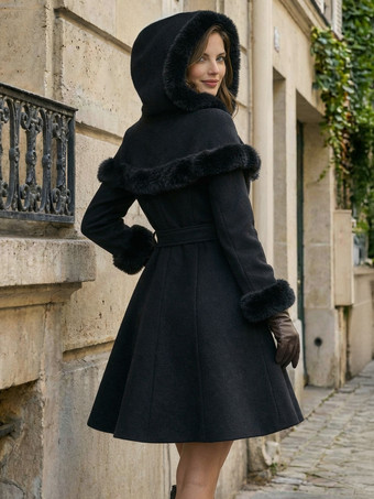 フェイクファートリム、ベルト付きウール混紡コート（フード付きケープ付き、レディース）2025年モデル