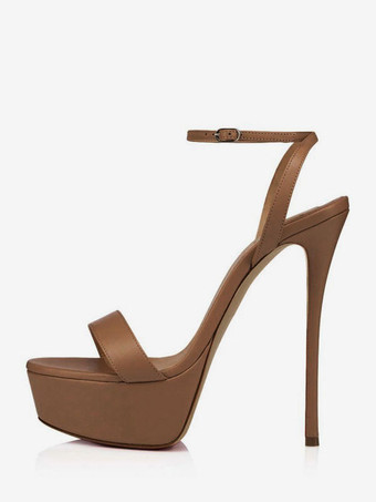 女性のヒール サンダル ヌード本革プラットフォーム スティレット ヒール アンクル ストラップ ドレス サンダル