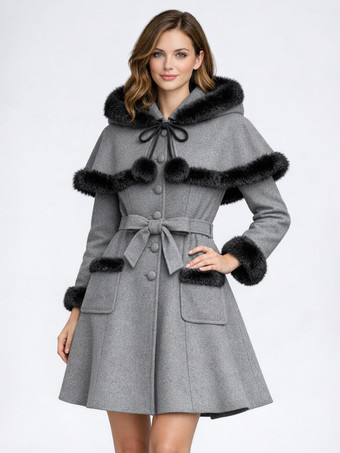 グレイフェイクファートリム、ベルト付きウール混紡コート（フード付きケープ付き、レディース）2025年モデル